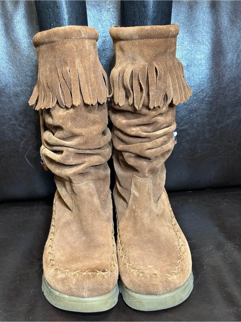 ALDO Y2K Brown Suede Fringe Boho Slouch Moccasin Boots Size 40 US 9